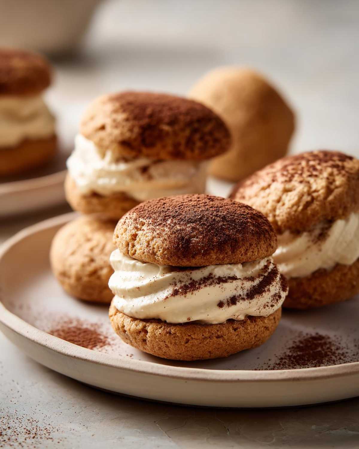 Close-up of irresistible tiramisu cookies filled with creamy mascarpone and dusted with cocoa powder.
