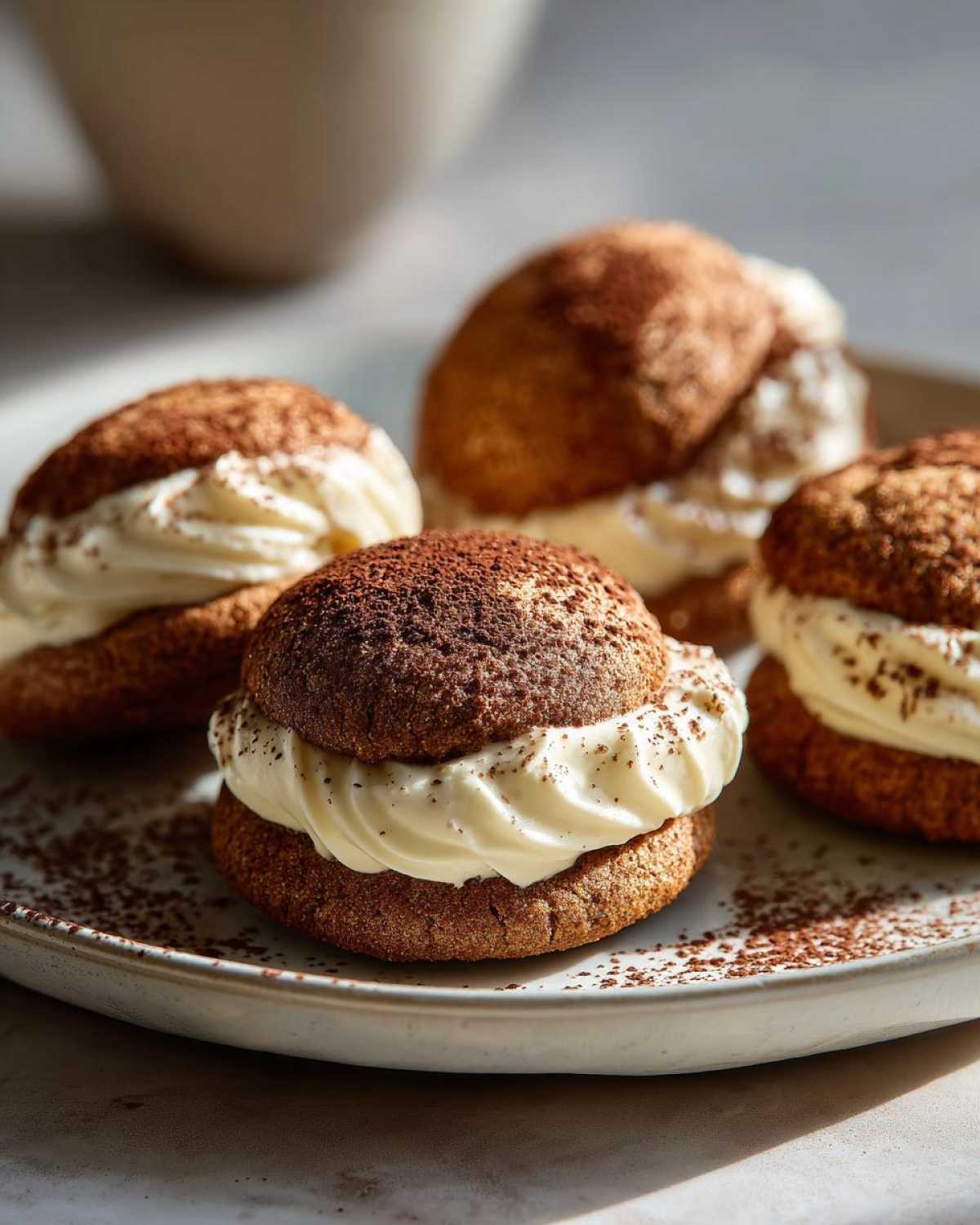 Close-up of four tiramisu cookies filled with cream and dusted with cocoa powder on a plate.