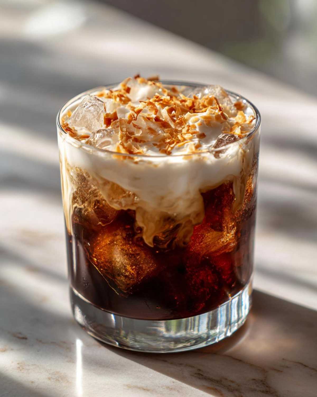 A close-up of a Toasted Coconut White Russian cocktail in a glass with ice, cream, and toasted coconut flakes.