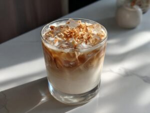 A close-up of a Toasted Coconut White Russian cocktail with ice and toasted coconut flakes on top.