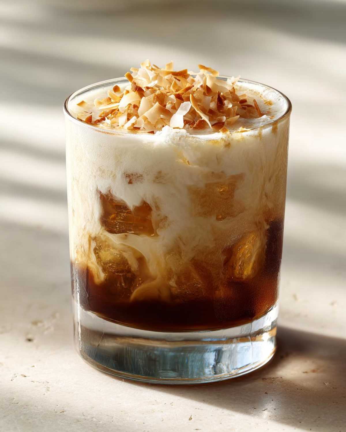 A close-up of a Toasted Coconut White Russian cocktail in a glass, topped with toasted coconut flakes.