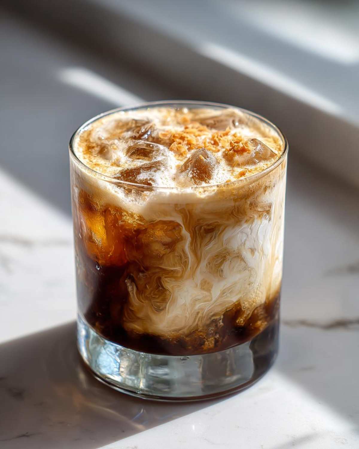 A close-up of a Toasted Coconut White Russian cocktail with swirling cream and ice, topped with toasted coconut flakes.
