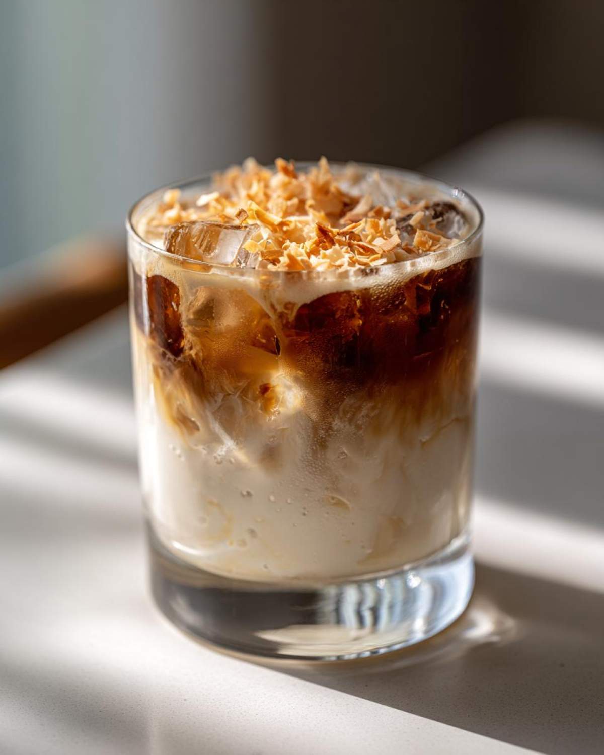 A close-up of a Toasted Coconut White Russian cocktail with layers of cream and coffee, topped with toasted coconut flakes and ice.