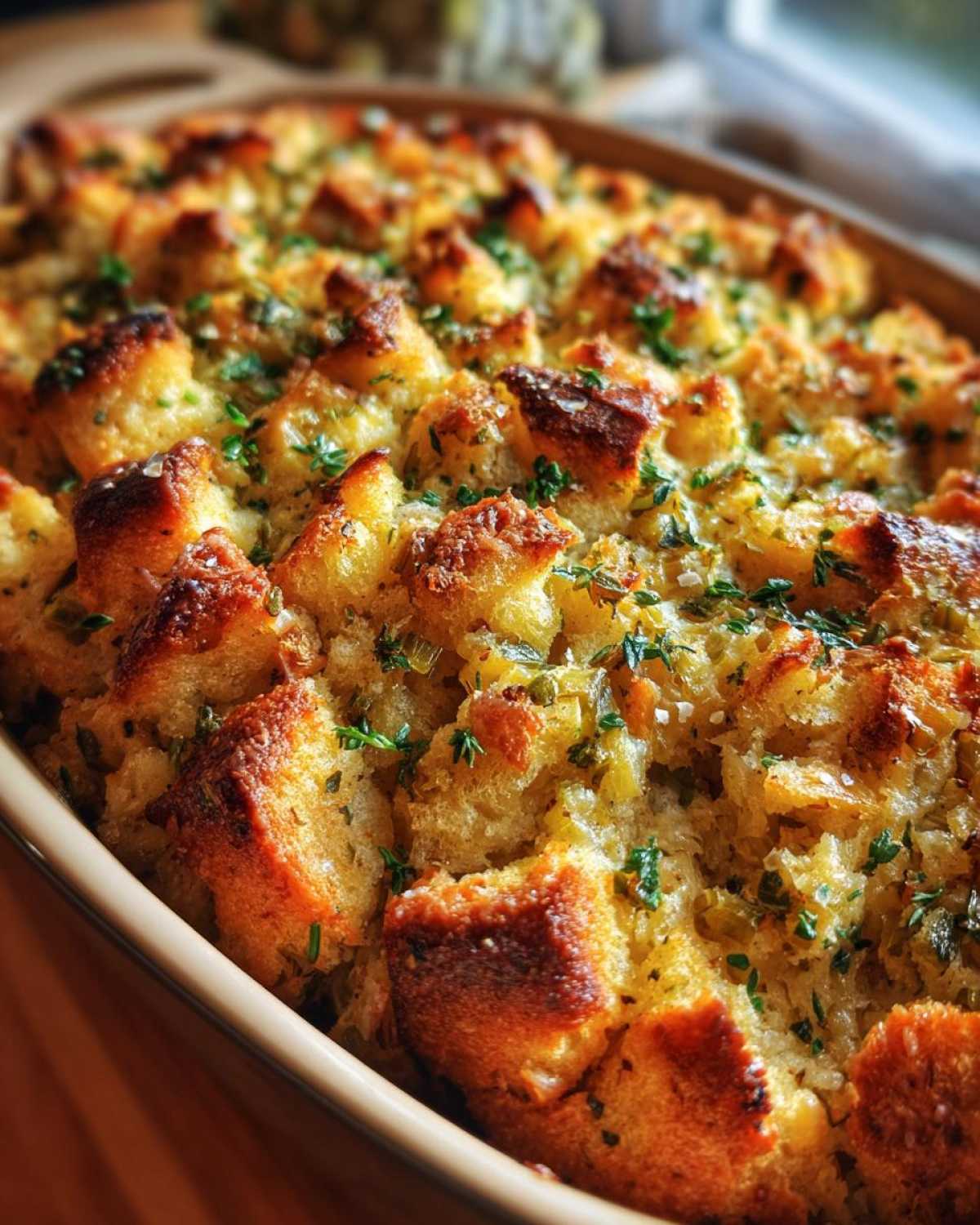 Close-up of a golden-brown traditional Thanksgiving stuffing in a baking dish, sprinkled with fresh herbs.