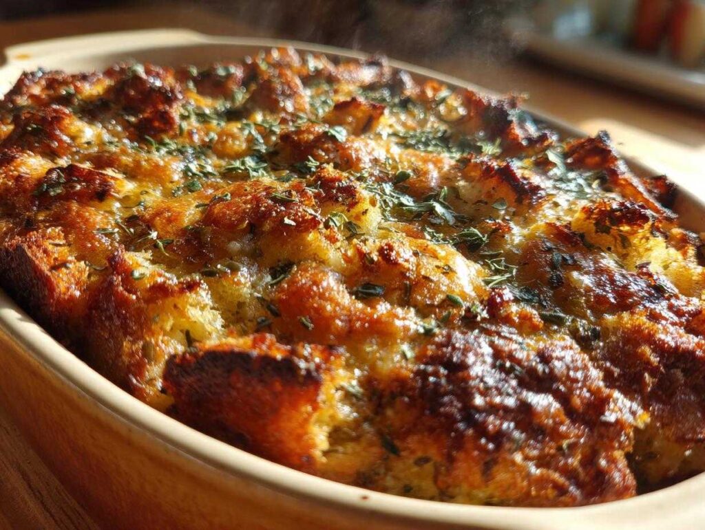 Close-up of a golden-brown traditional Thanksgiving stuffing baked in a rustic dish, garnished with herbs.