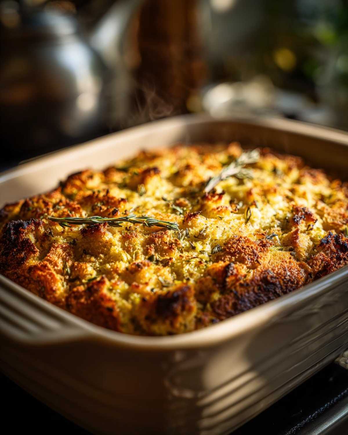 A close-up of a golden-brown traditional Thanksgiving stuffing baked in a ceramic dish, garnished with rosemary.
