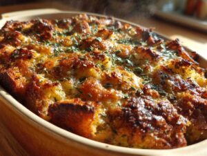 Close-up of a golden-brown traditional Thanksgiving stuffing baked in a rustic dish, garnished with herbs.