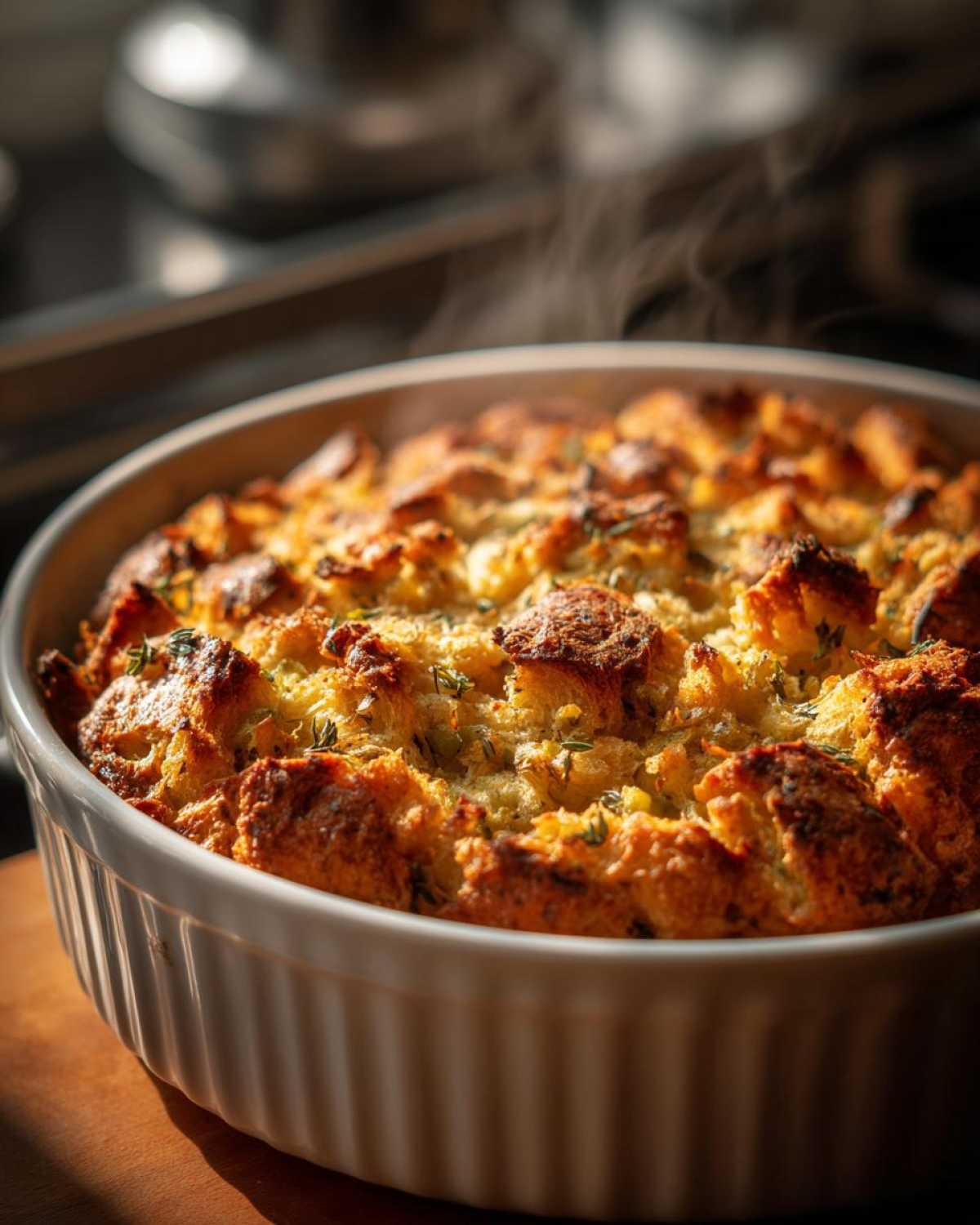 A close-up shot of a steaming baking dish filled with golden-brown traditional Thanksgiving stuffing, garnished with herbs.