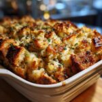 Close-up of a golden-brown traditional Thanksgiving stuffing baked in a white dish, sprinkled with herbs.