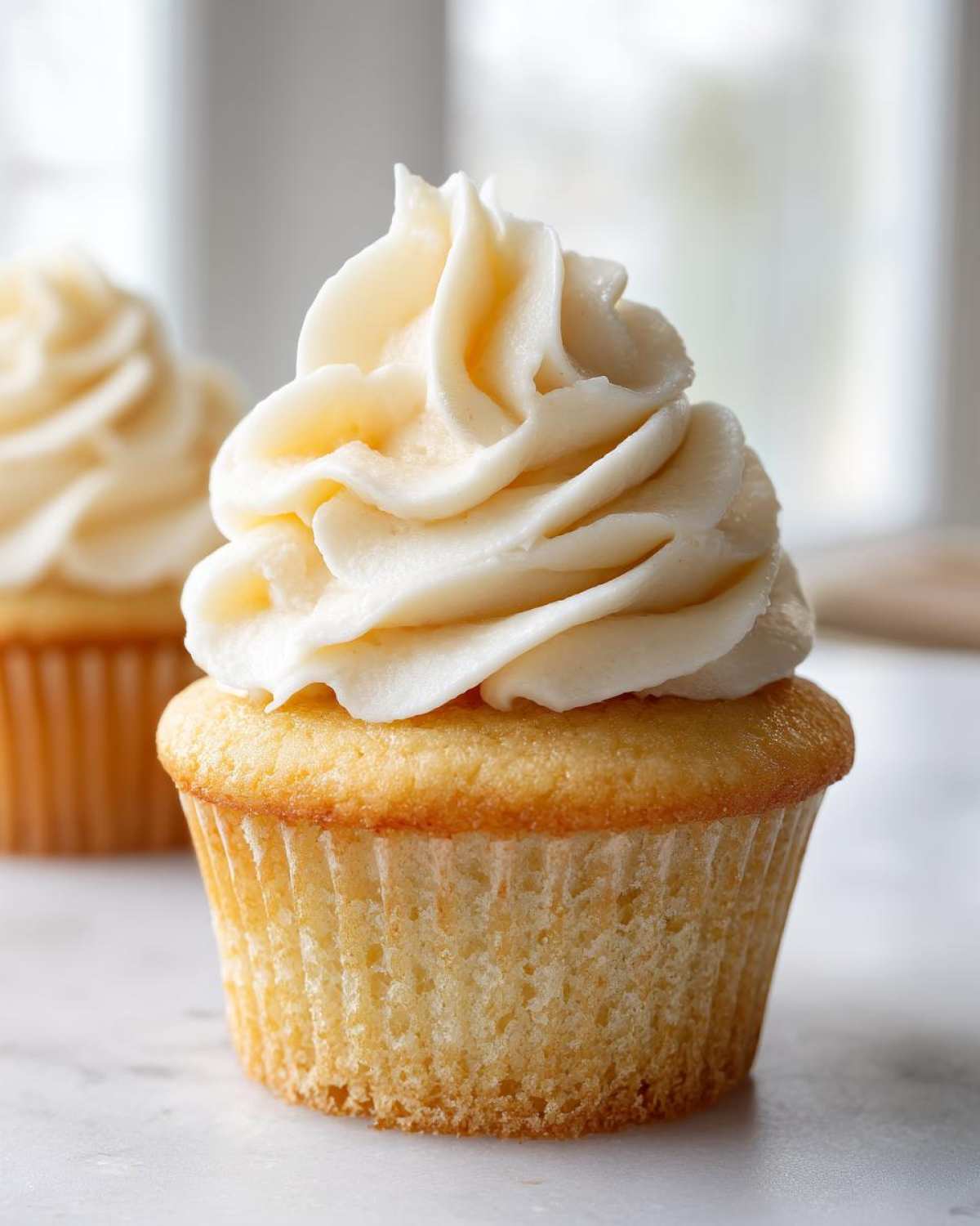 Close-up of a single, perfectly baked vanilla cupcake topped with a generous swirl of creamy white vanilla frosting.