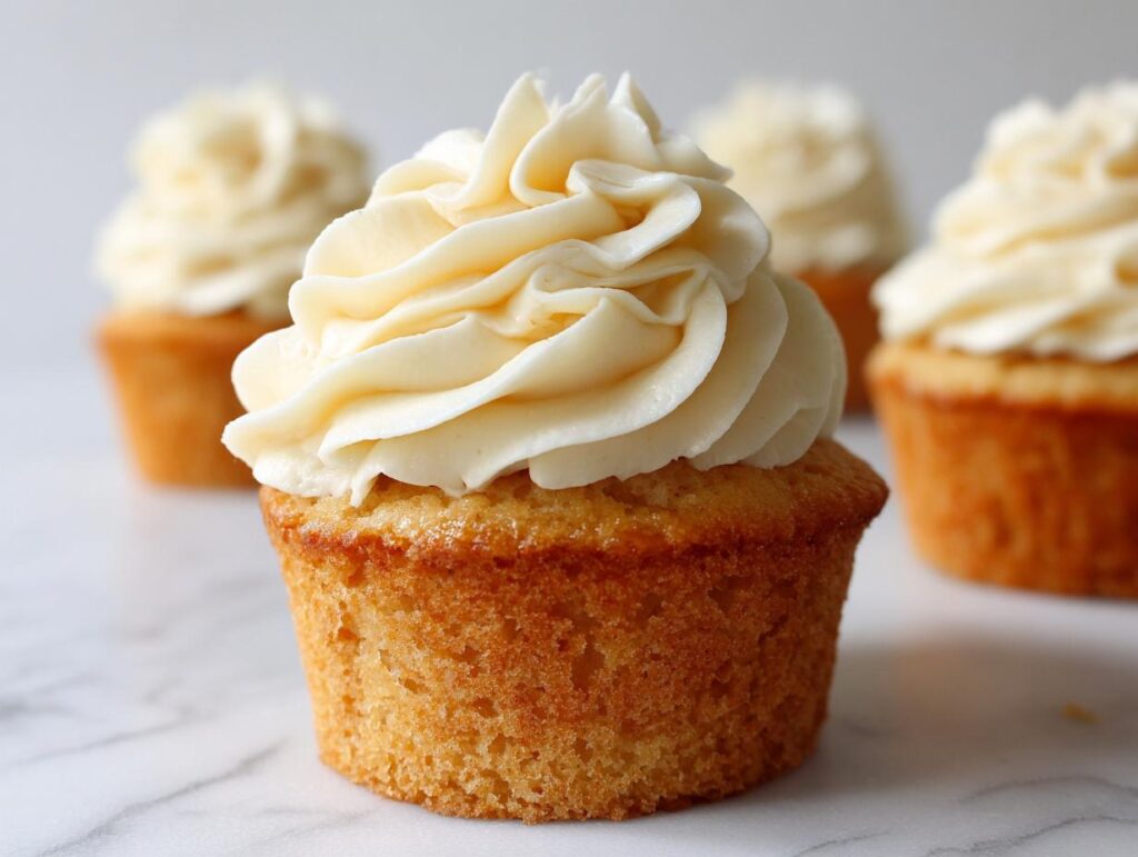 A close-up of a perfectly baked vanilla cupcake topped with rich, swirled vanilla buttercream frosting.