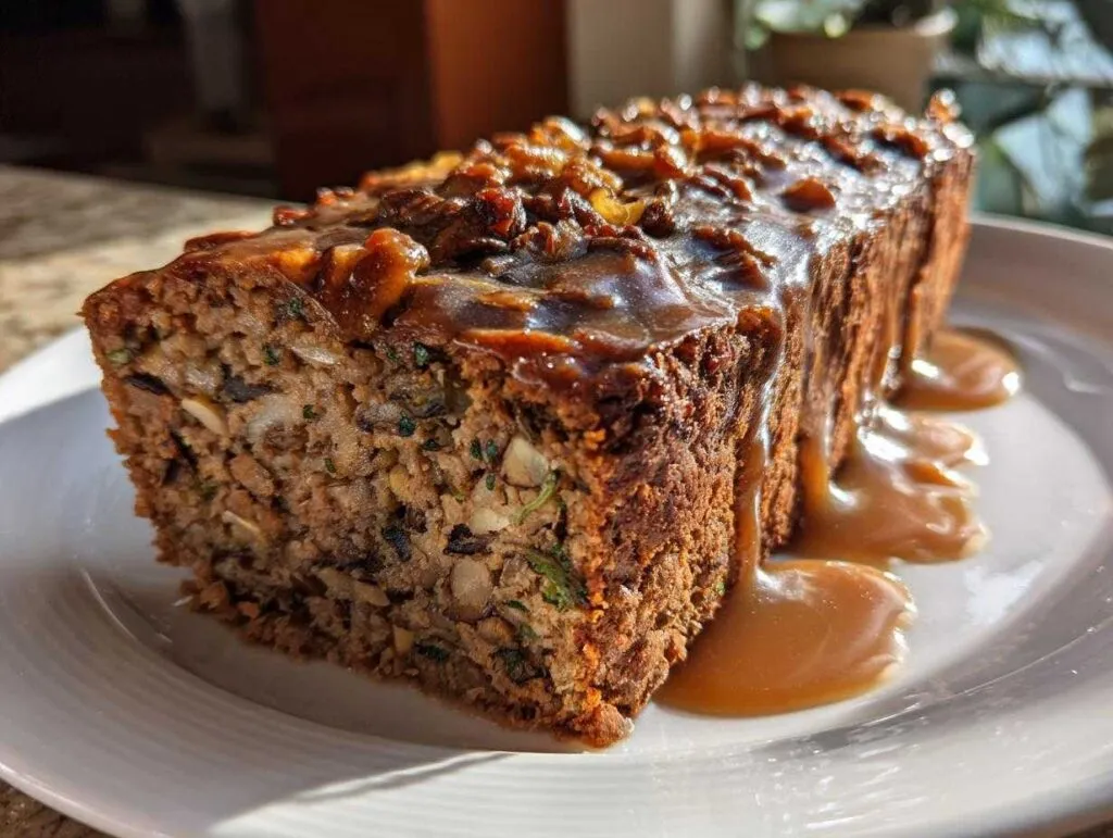 A slice of hearty Vegan Christmas Roast, topped with a rich glaze and nuts.