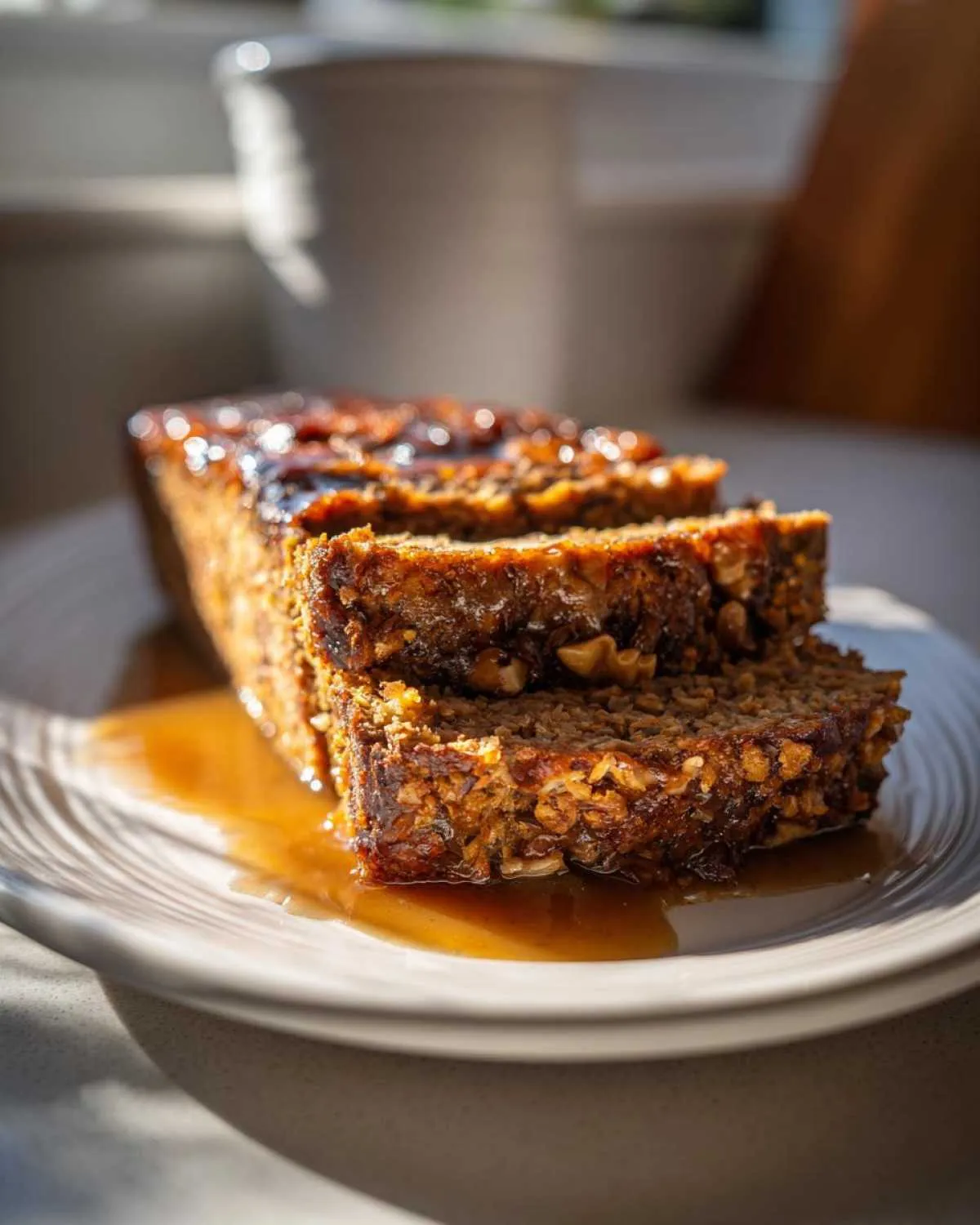 Close-up of sliced Vegan Christmas Roast on a plate, drizzled with a rich, glossy glaze and visible nuts.