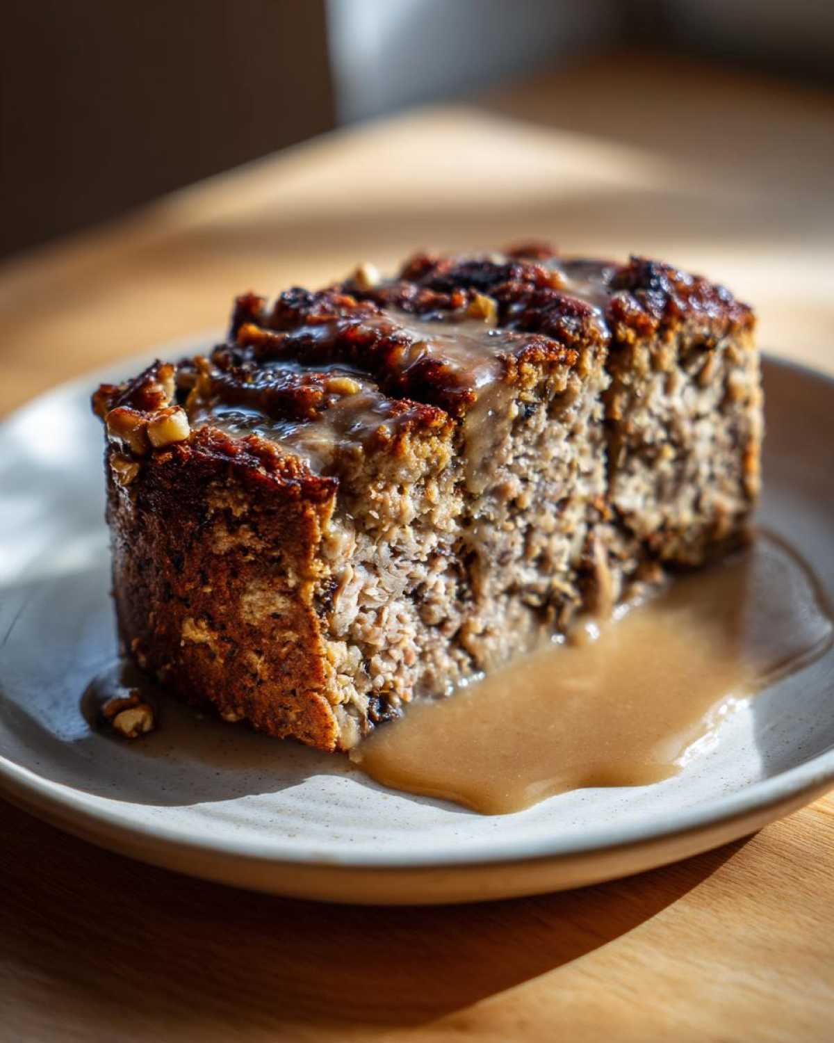 A close-up of two slices of Vegan Christmas Roast on a plate, drizzled with rich gravy and topped with nuts.
