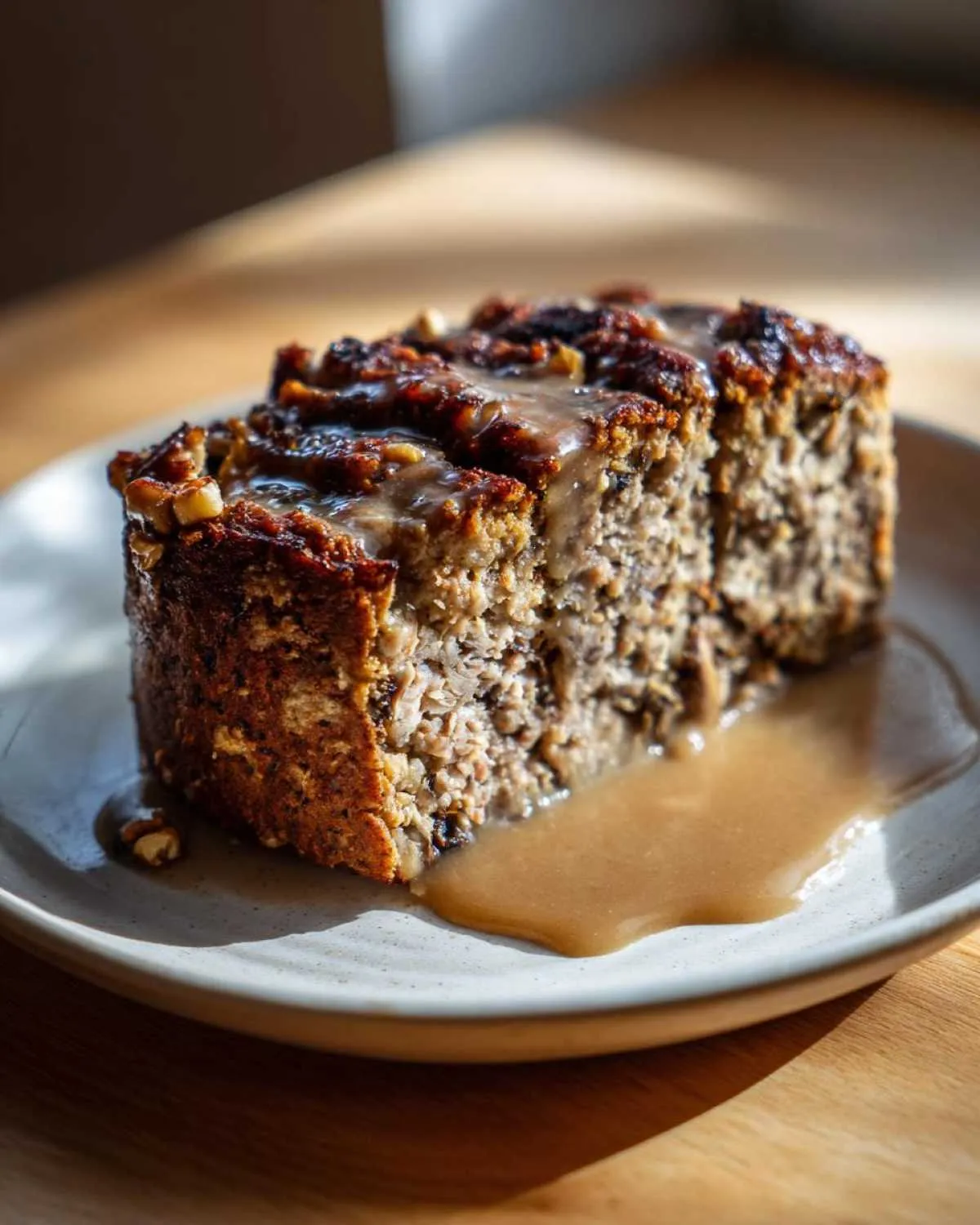 A close-up of two slices of Vegan Christmas Roast on a plate, drizzled with rich gravy and topped with nuts.