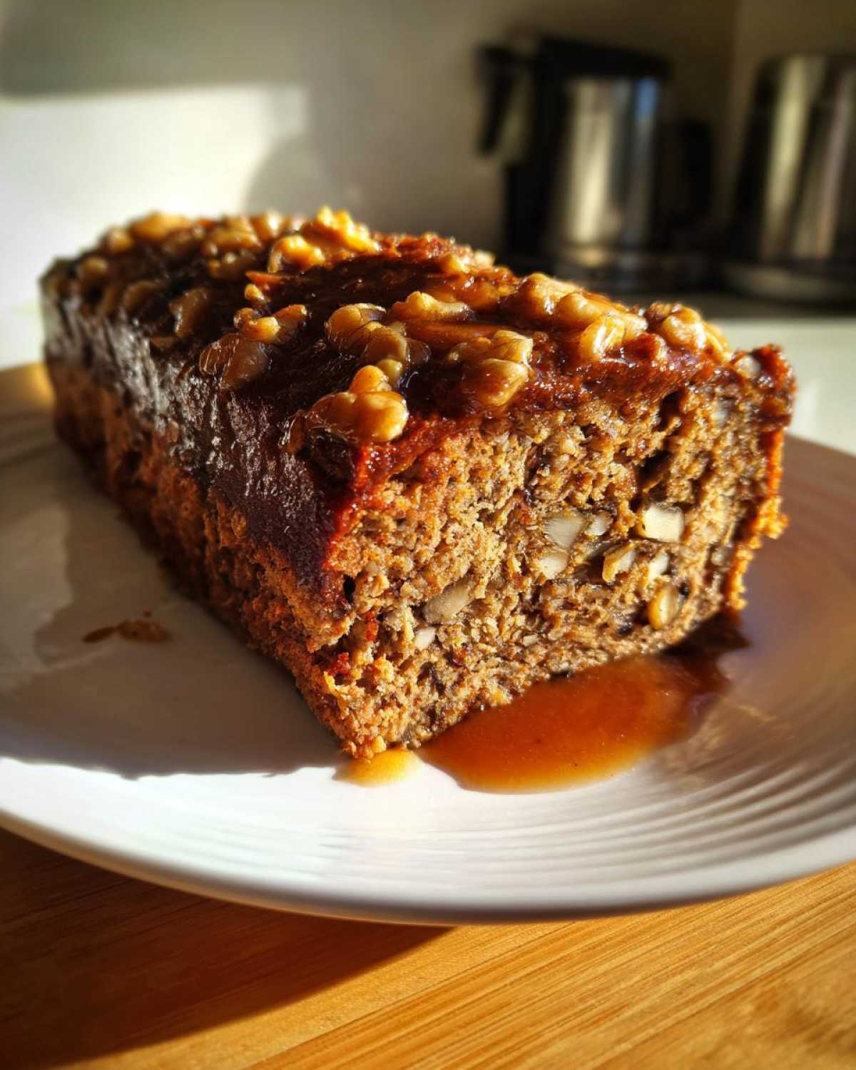 A slice of Vegan Christmas Roast topped with walnuts and drizzled with sauce, served on a white plate.