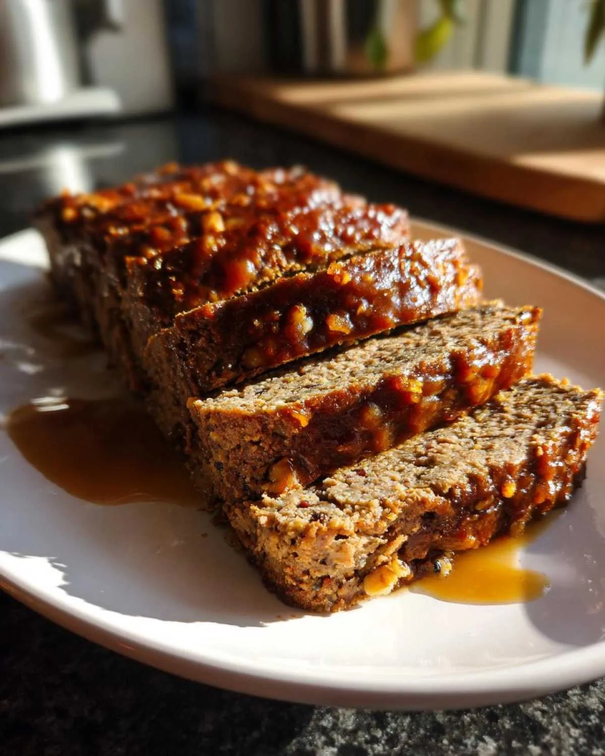 Close-up of sliced Vegan Christmas Roast with a glossy glaze and visible nuts.