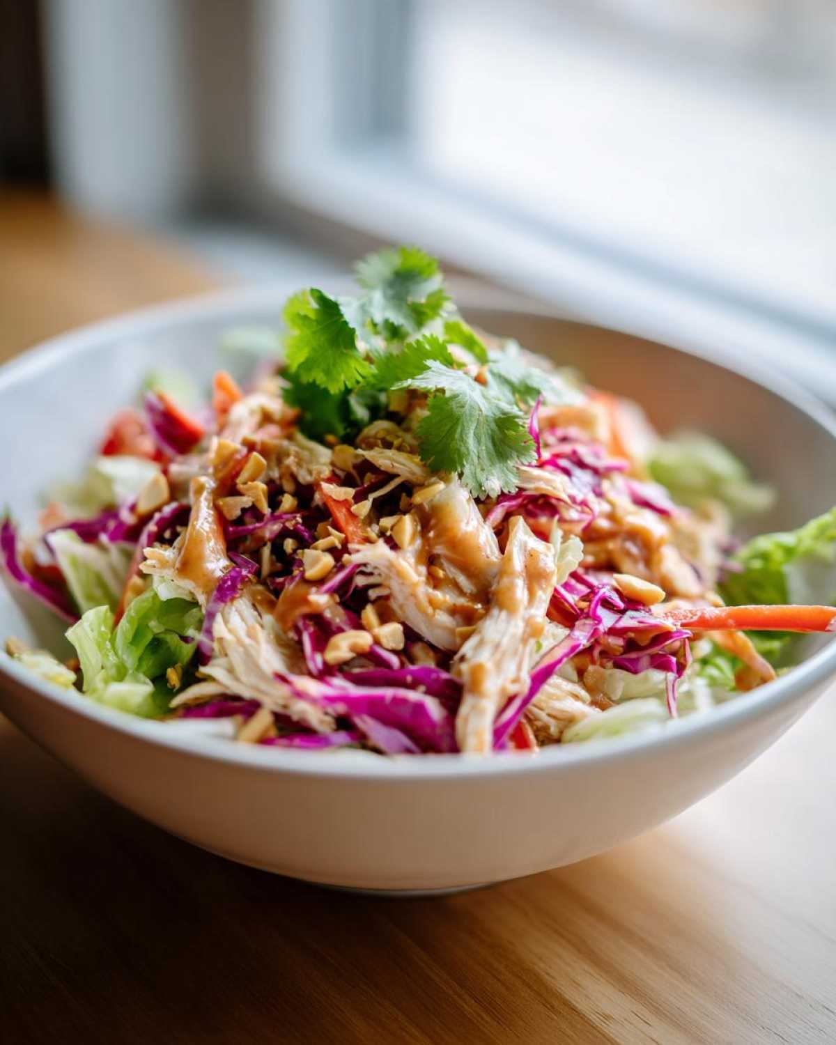 Close-up of a bowl of thai chicken salad featuring shredded chicken, purple cabbage, and cilantro.