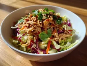 Close-up of a white bowl filled with colorful thai chicken salad, topped with shredded chicken, peanut sauce, and chopped peanuts.
