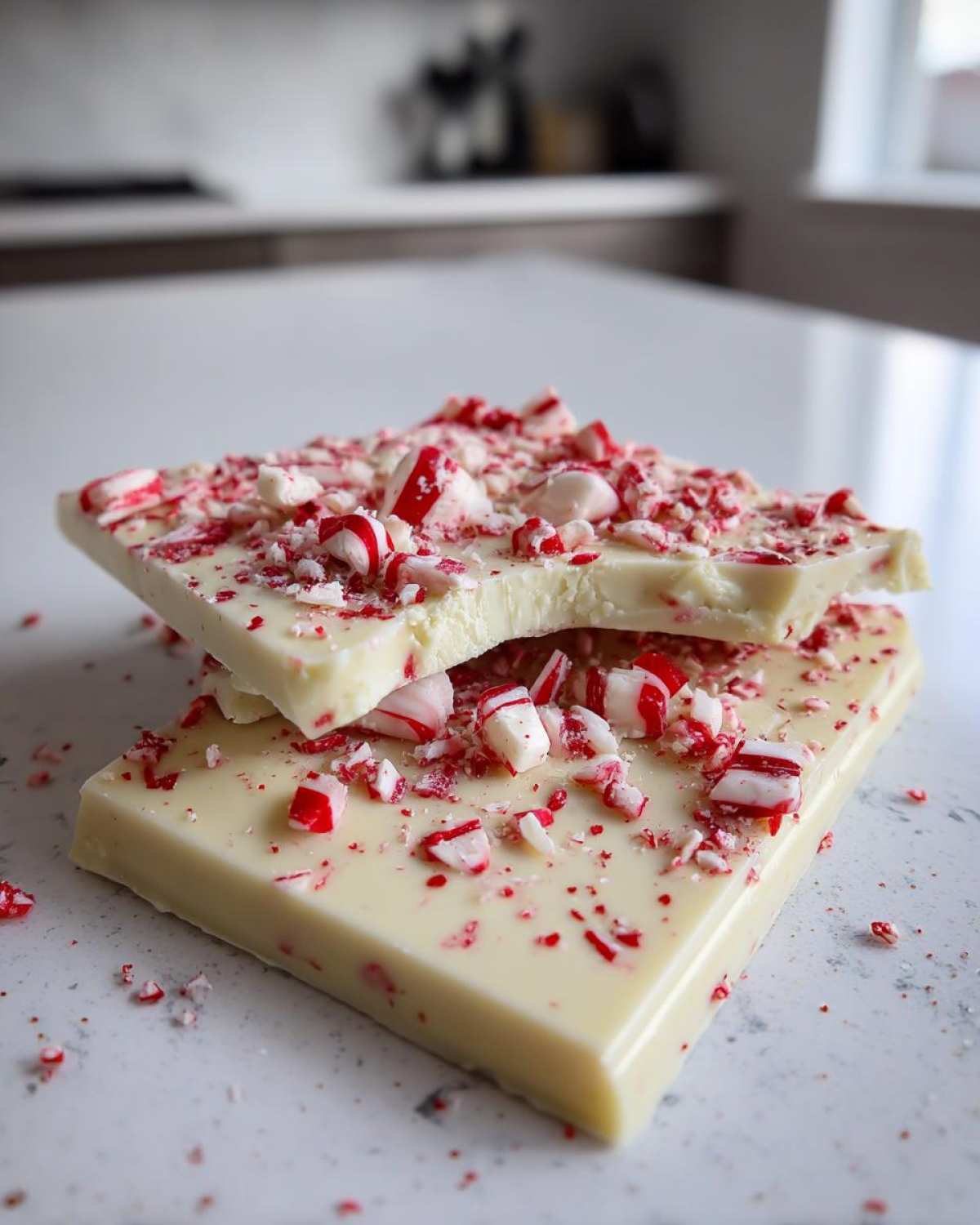 Close-up of two pieces of white chocolate candy cane bark, topped with crushed candy canes.