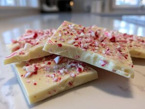 Close-up of broken pieces of white chocolate candy cane bark sprinkled with crushed candy canes.
