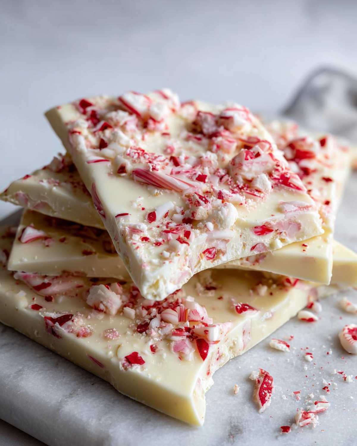 A stack of white chocolate candy cane bark pieces, generously topped with crushed candy canes.
