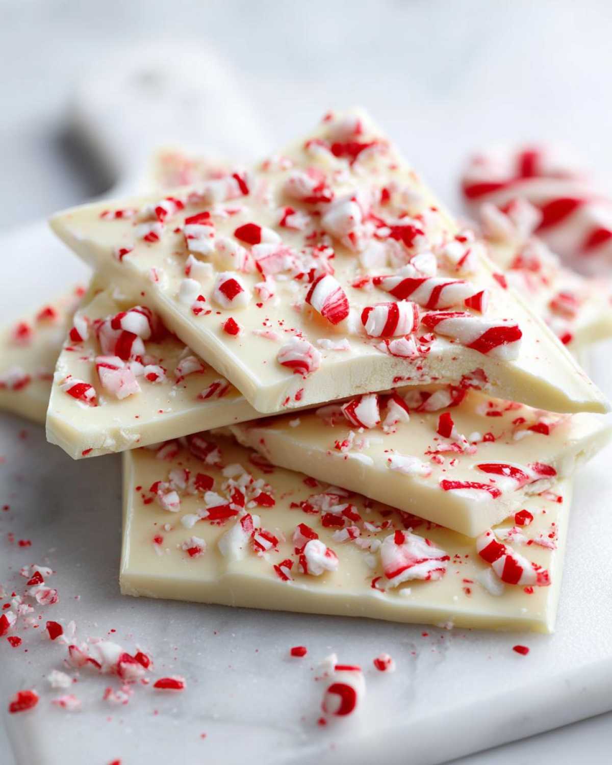 Close-up of white chocolate candy cane bark broken into pieces, sprinkled with crushed candy canes.