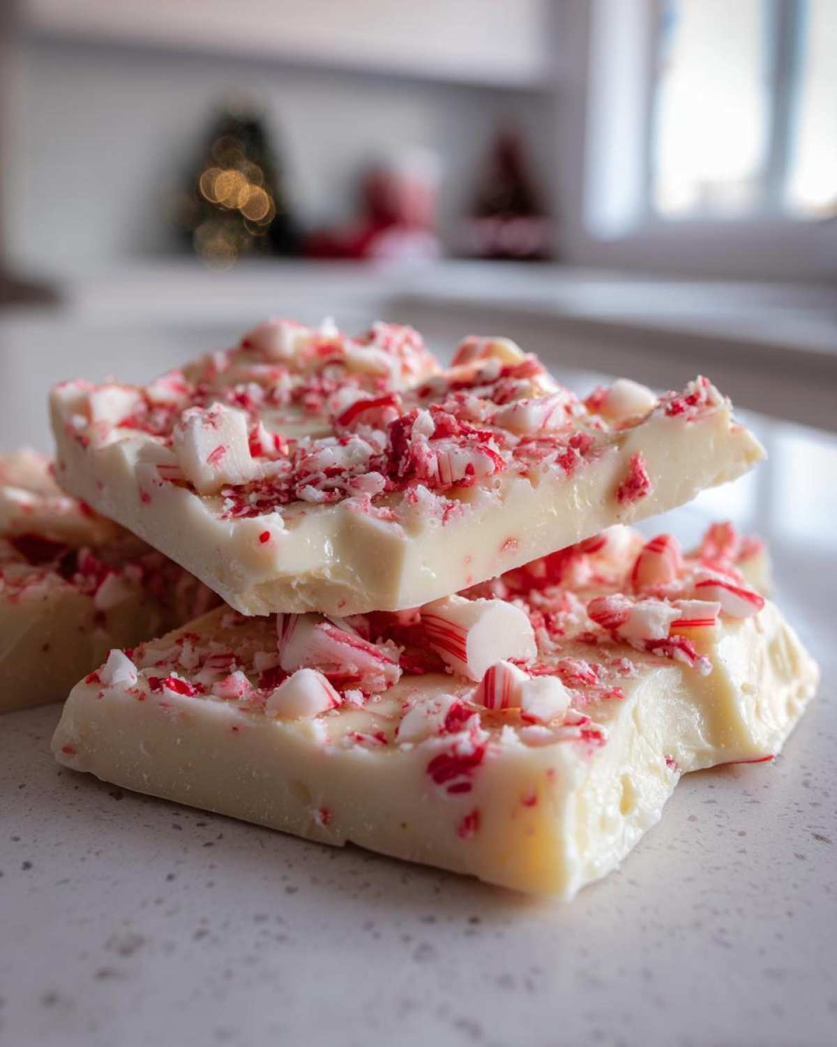Close-up of stacked white chocolate candy cane bark pieces, topped with crushed candy canes.