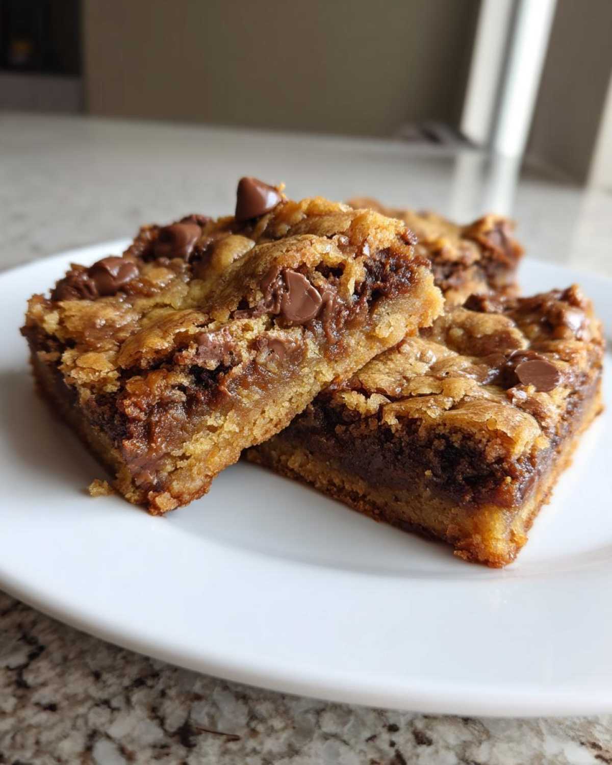 Two rich, fudgy cake mix cookie bars loaded with melted chocolate chips served on a white plate.
