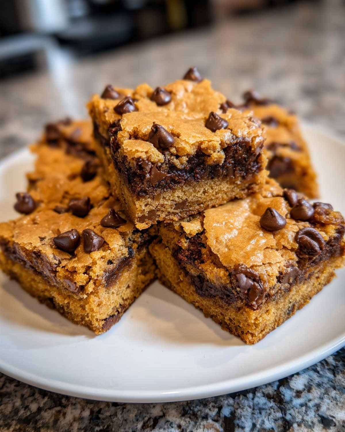 A stack of rich, gooey cake mix cookie bars topped with melted chocolate chips on a white plate.