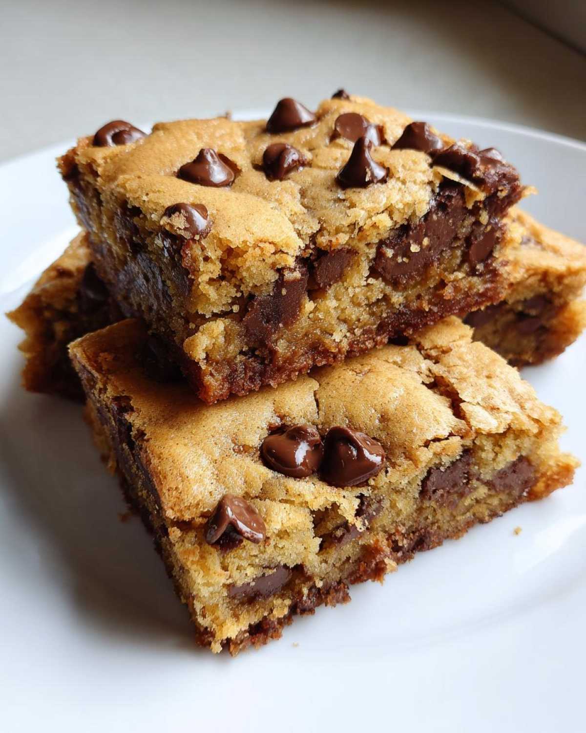 Close-up of stacked, fudgy cake mix cookie bars loaded with melted chocolate chips.