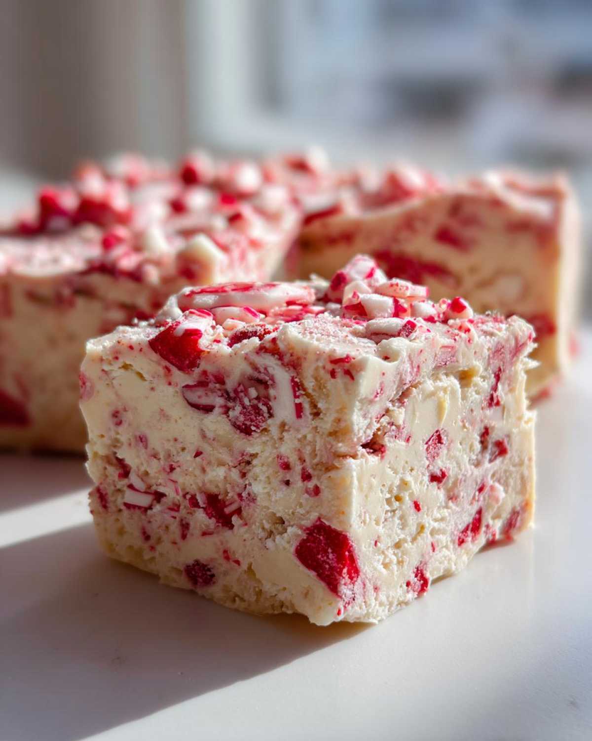 A thick square of creamy white peppermint fudge studded with crushed red and white candy canes.