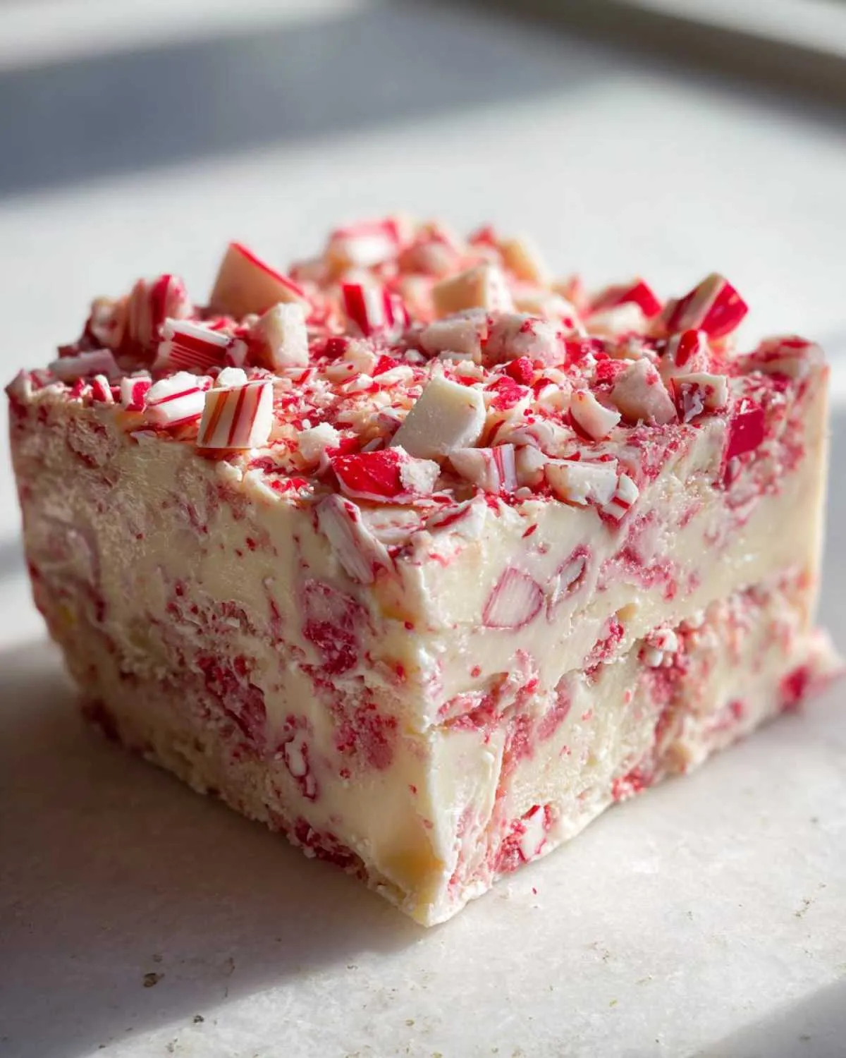 A thick square of creamy white peppermint fudge topped with crushed candy canes and white chocolate chunks.