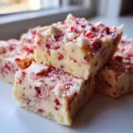 Stack of creamy white peppermint fudge squares topped with crushed candy canes and white chocolate chunks.