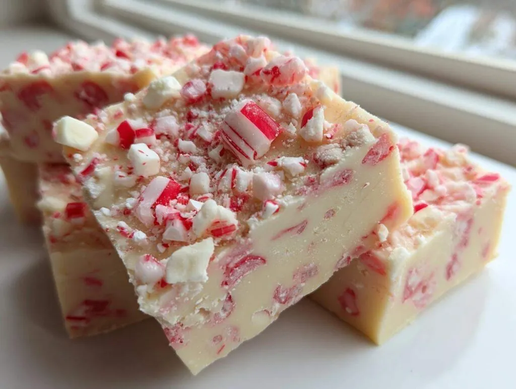 Close-up of creamy white peppermint fudge squares topped with crushed candy canes and white chocolate chunks.