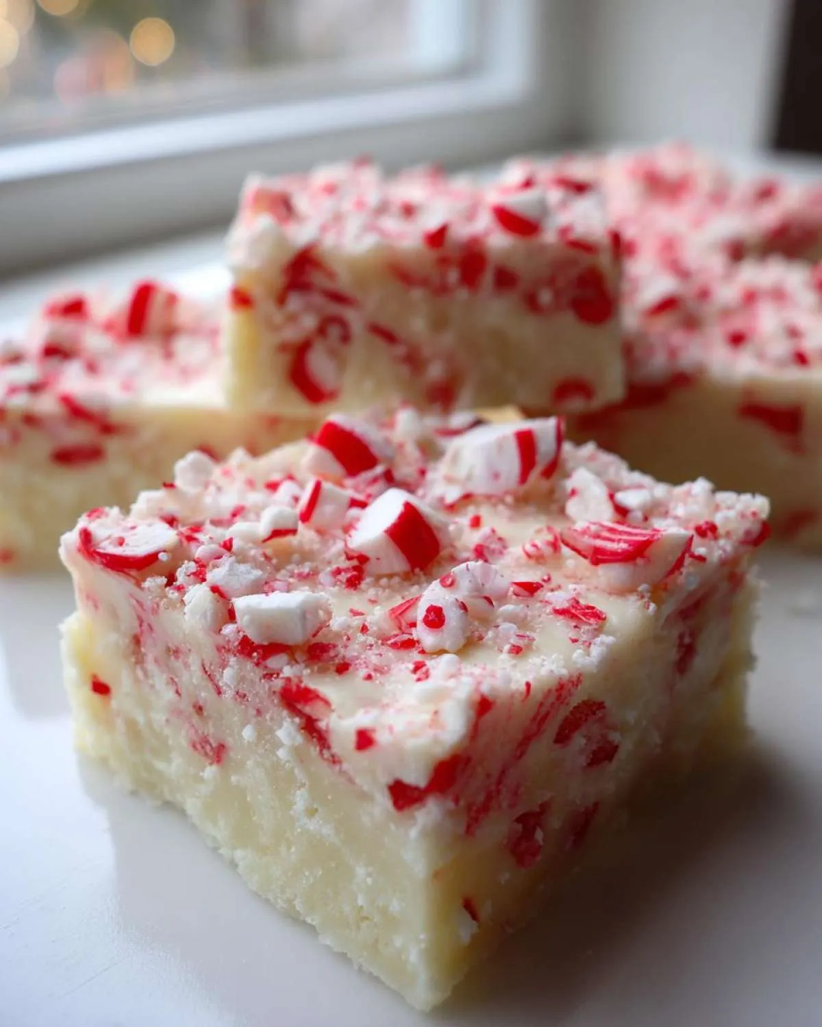 Close-up of creamy white peppermint fudge squares topped generously with crushed candy canes for a festive look.