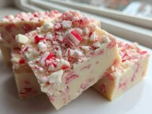 Close-up of creamy white peppermint fudge squares topped with crushed candy canes and white chocolate chunks.