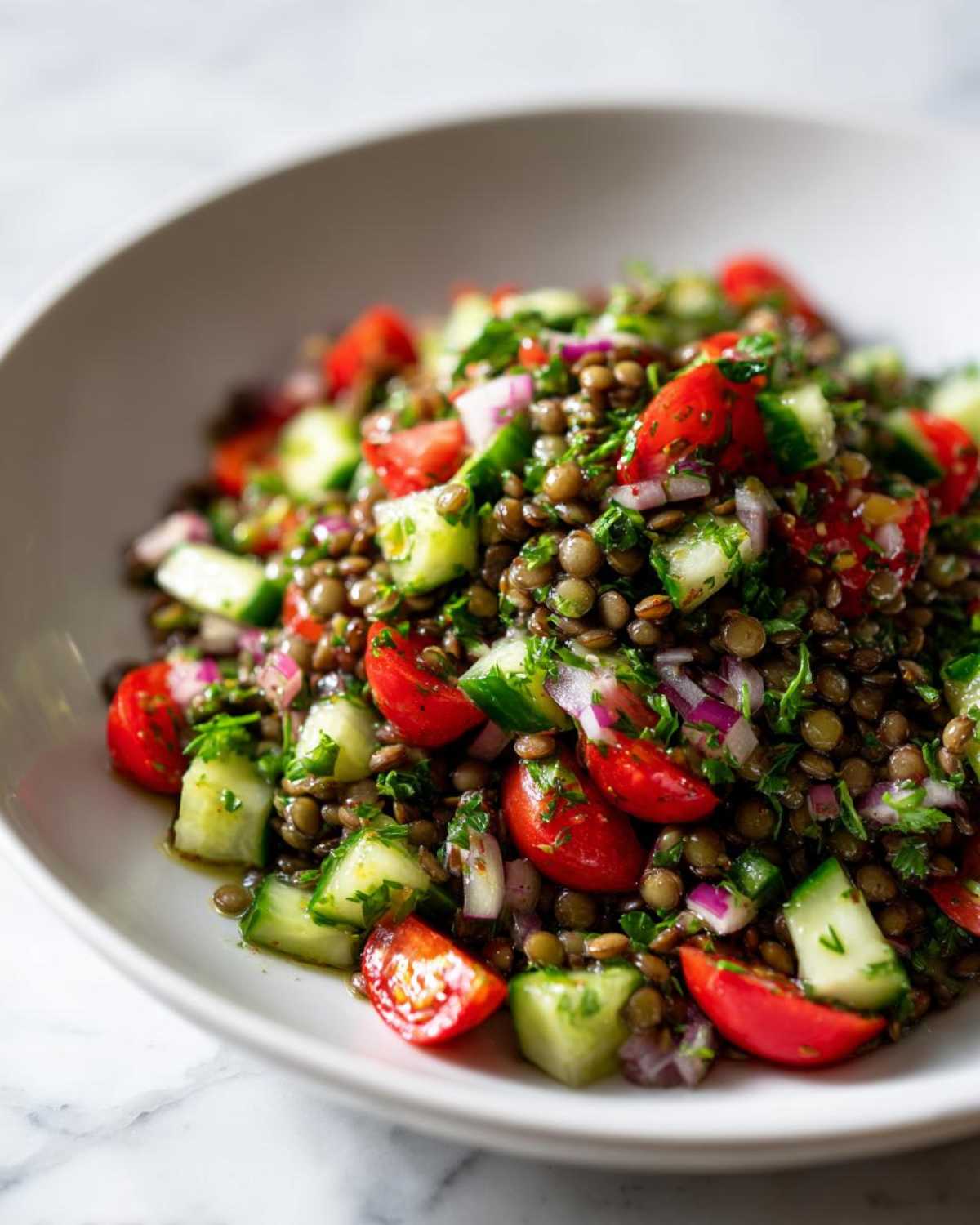 Close-up of a fresh lentil salad mixed with chopped cherry tomatoes, cucumber, and red onion.
