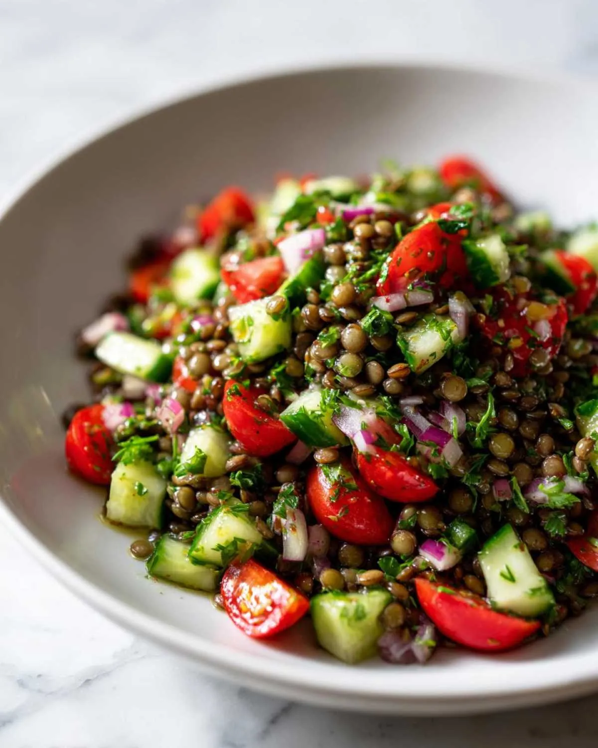 Close-up of a fresh lentil salad mixed with chopped cherry tomatoes, cucumber, and red onion.