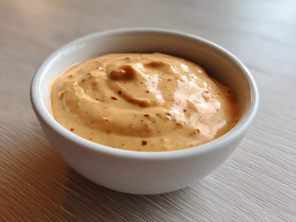 Close-up of creamy, orange-hued homemade burger sauce speckled with red spices in a small white bowl.