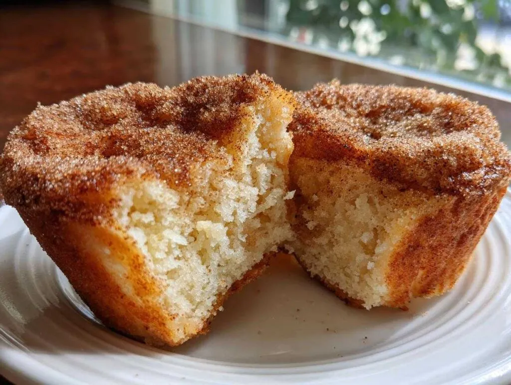 A french toast muffin cut in half showing the soft interior and a thick cinnamon sugar topping.