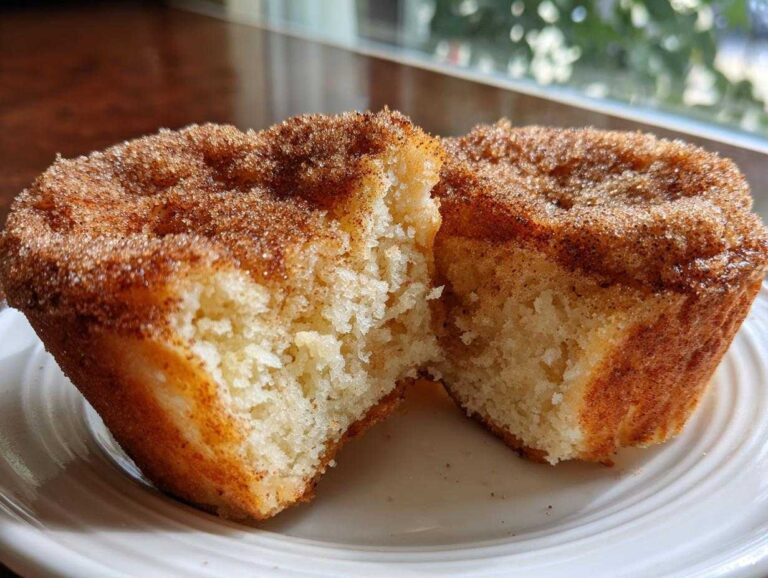 A french toast muffin cut in half showing the soft interior and a thick cinnamon sugar topping.