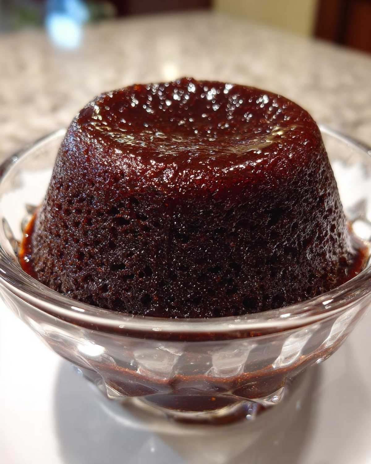 Close-up of rich, dark homemade chocolate pudding molded into a dome shape in a clear glass dish.