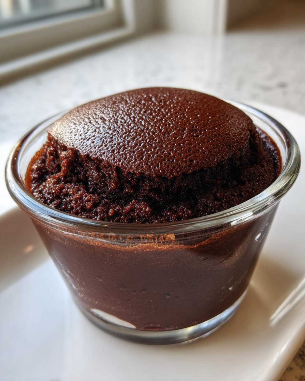 Close-up of rich, dark homemade chocolate pudding with a slightly risen, spongy top in a clear glass cup.