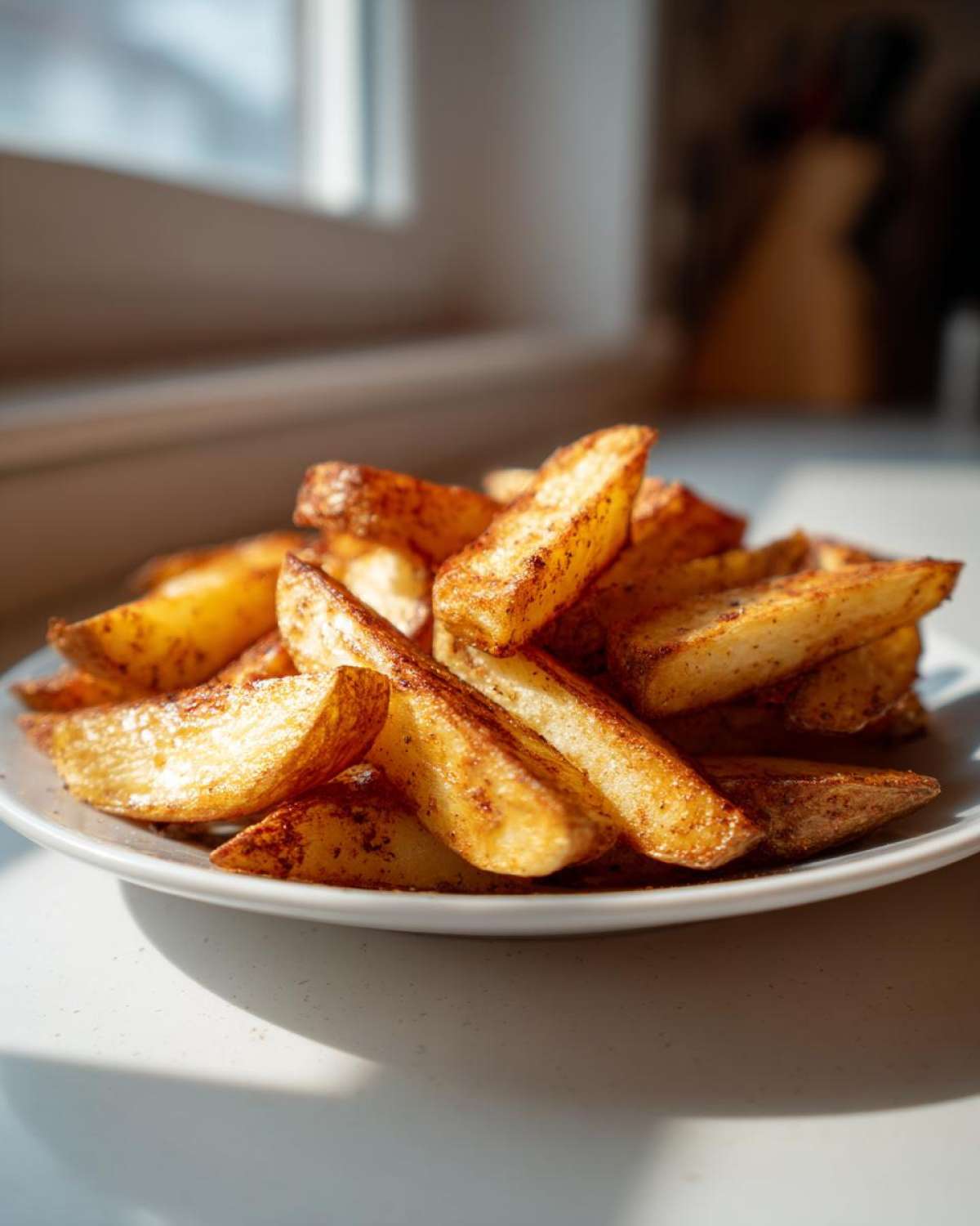 A close-up of golden, seasoned air fryer potato wedges piled high on a white plate near a window.