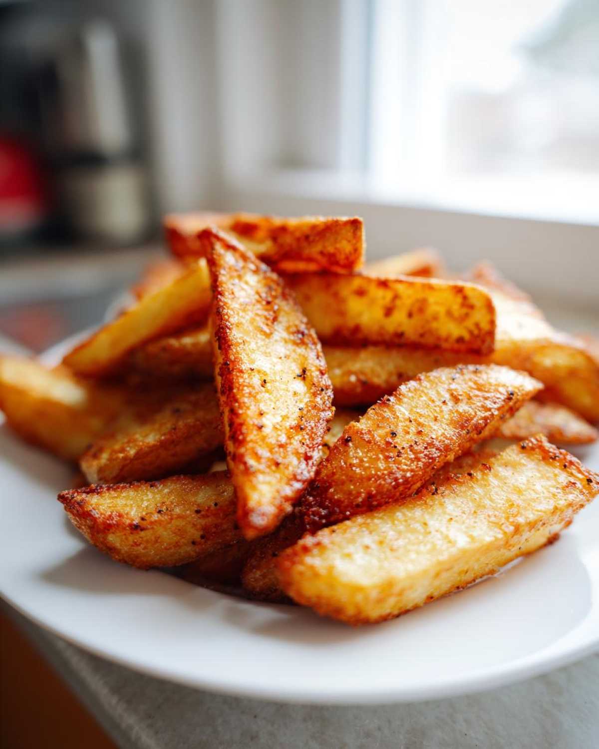 A close-up of perfectly crispy, golden brown air fryer potato wedges seasoned with pepper, piled on a white plate.