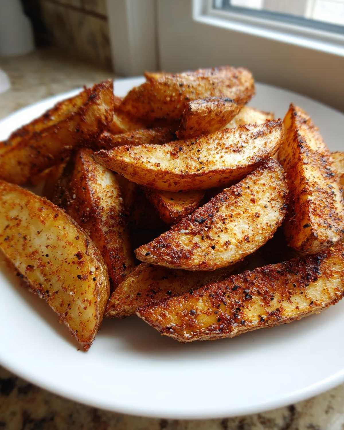 A close-up of crispy, golden-brown air fryer potato wedges heavily seasoned with spices, piled on a white plate.