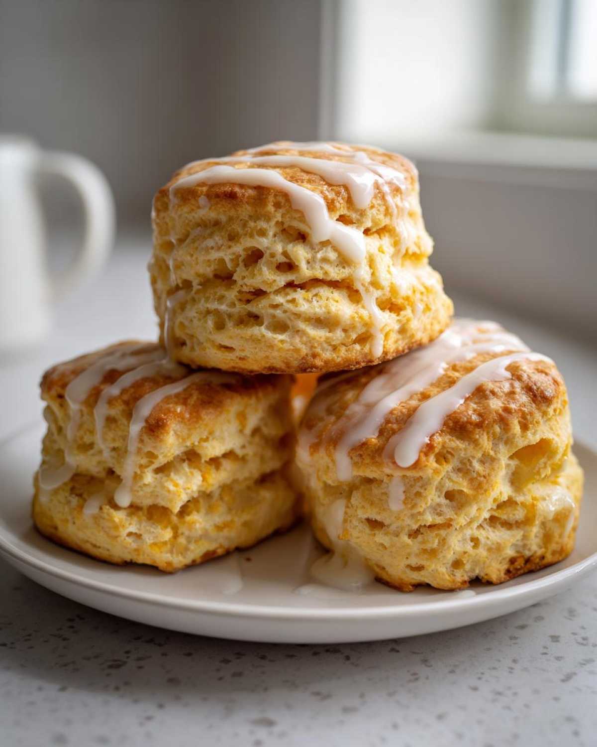 Close-up of three tall, flaky scones stacked on a white plate, drizzled with white icing glaze.
