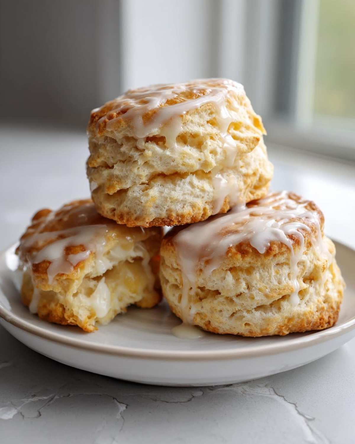 Three tall, fluffy, layered scones topped with a sweet white glaze stacked on a small plate.
