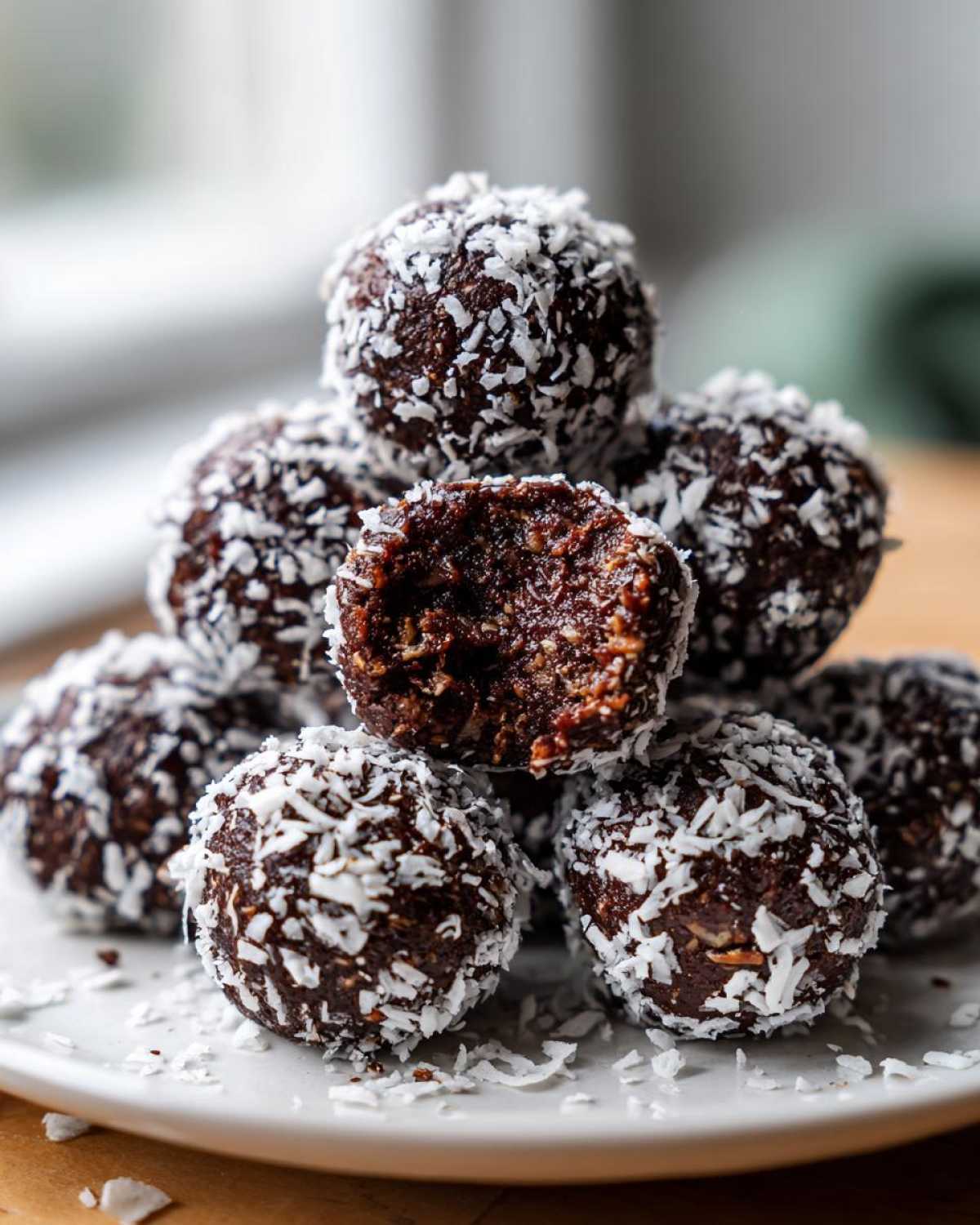 A stack of rich, dark chocolate coconut balls rolled in shredded coconut flakes, with one bite taken out.